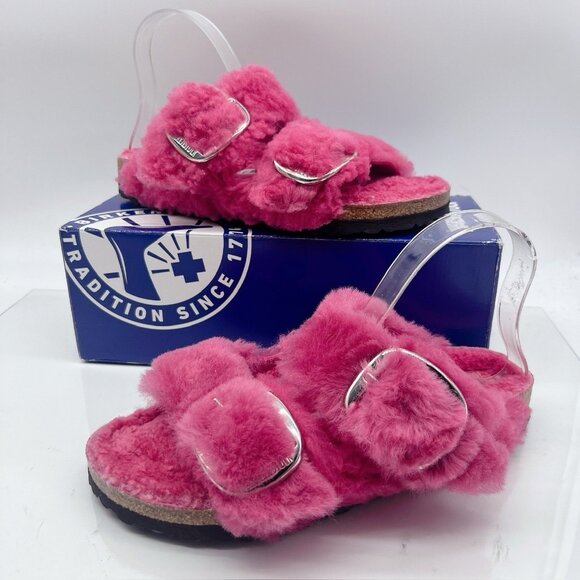Birkenstock Arizona Big Buckle Shearling Fuchsia Tulip Pink Sandals Womens EU 41 - Picture 1 of 13
